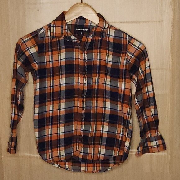Lands' End Blue Orange Plaid Flannel Button Down Large - Picture 1 of 5